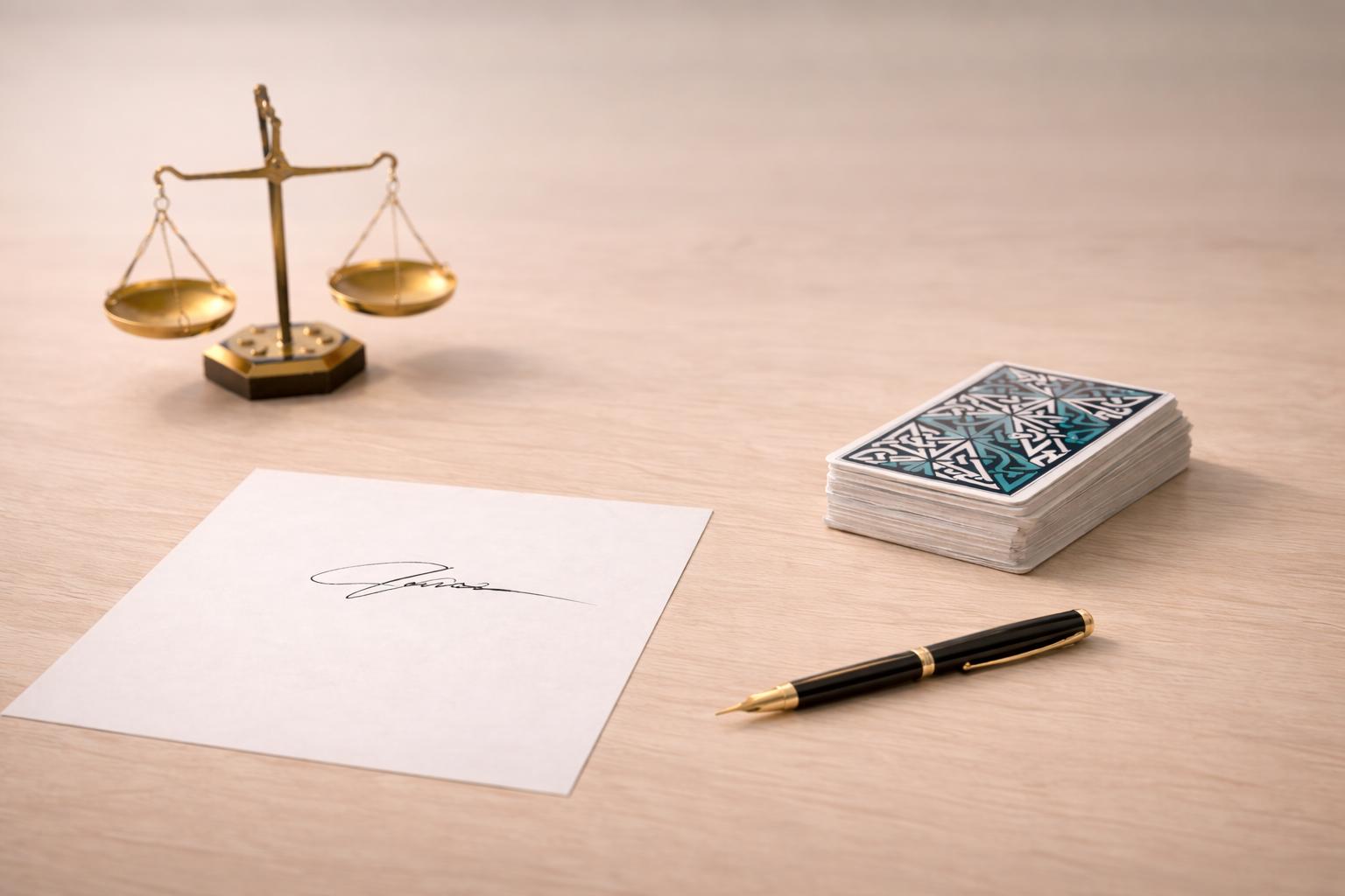 Firma sobre papel blanco junto a cartas de tarot y balanza dorada