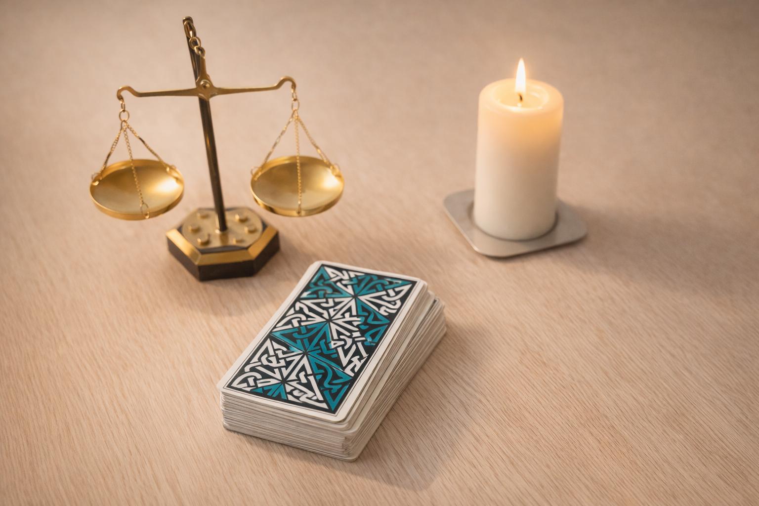 Tarot Equilibrio: balanza dorada, cartas y vela